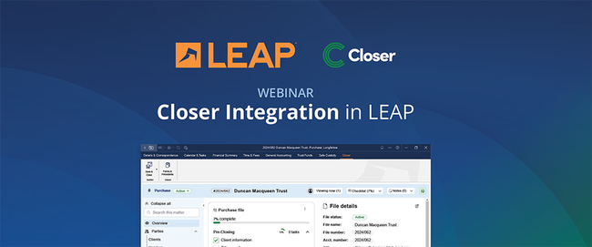 Webinar announcement for "Closer Integration in LEAP" with logos and a software interface screenshot.