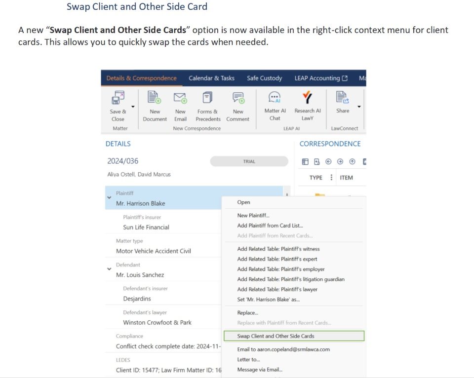 Screenshot of a software interface showing the "Swap Client and Other Side Cards" option in the right-click context menu for client cards.
