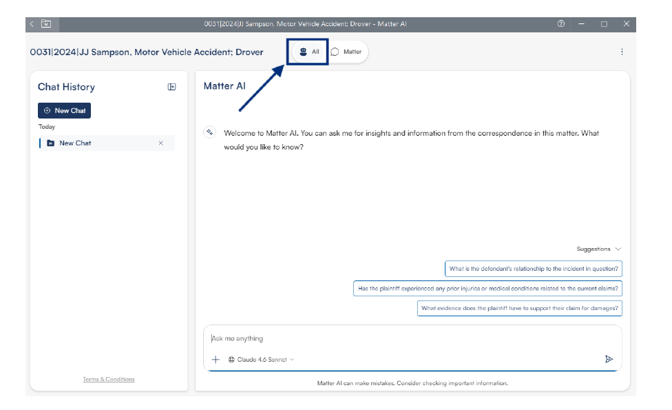 A chat interface of "Matter AI" discussing a motor vehicle accident case, with suggested questions and a chat history panel.