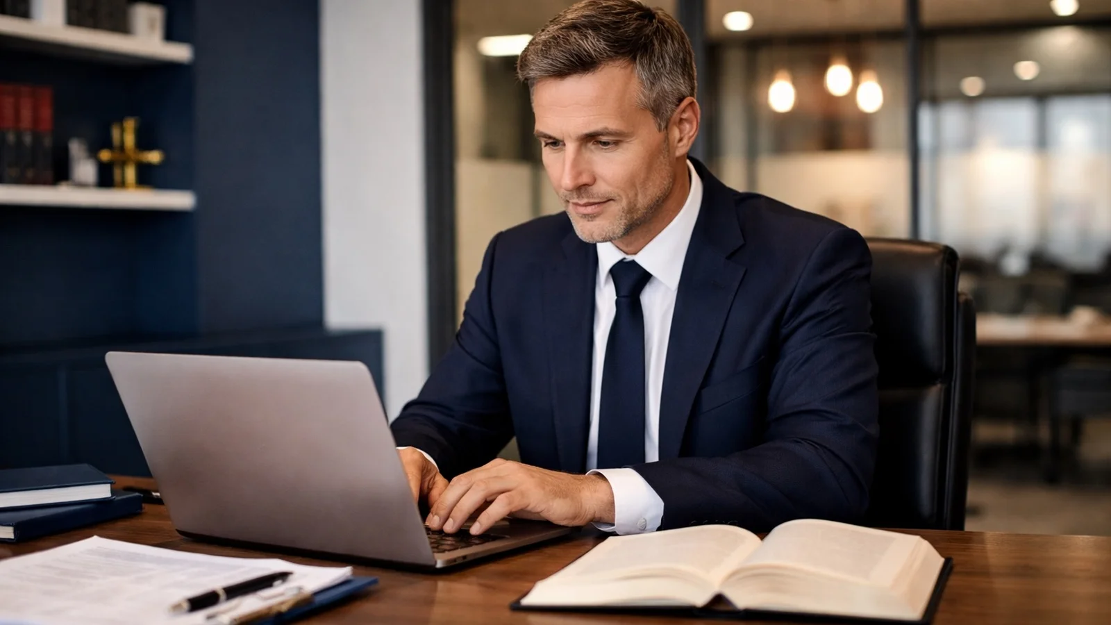 UK solicitor reviewing legal software options on a laptop in a modern law firm office, representing the search for the best legal software