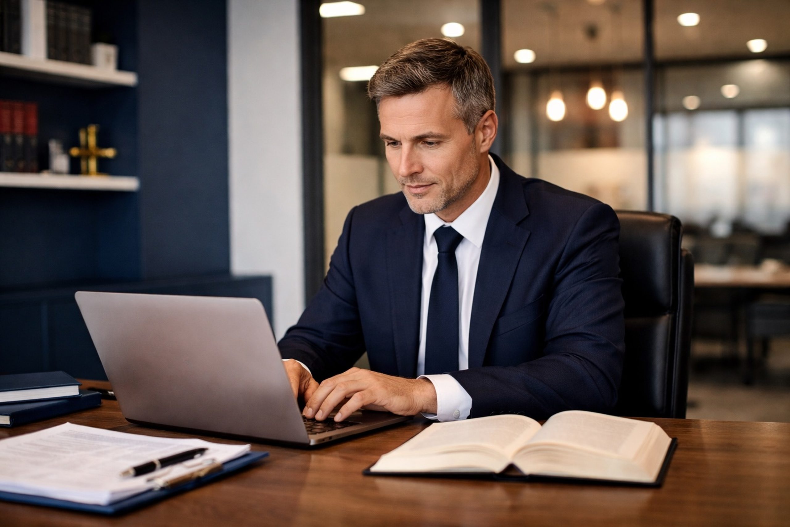 UK solicitor reviewing legal software options on a laptop in a modern law firm office, representing the search for the best legal software