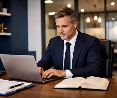 UK solicitor reviewing legal software options on a laptop in a modern law firm office, representing the search for the best legal software