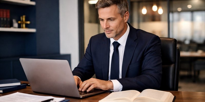 UK solicitor reviewing legal software options on a laptop in a modern law firm office, representing the search for the best legal software