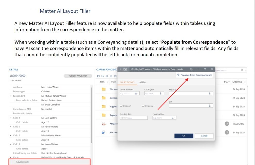 Screenshot of a document explaining the "Matter AI Layout Filler" feature, highlighting "Populate from Correspondence" in a software interface.