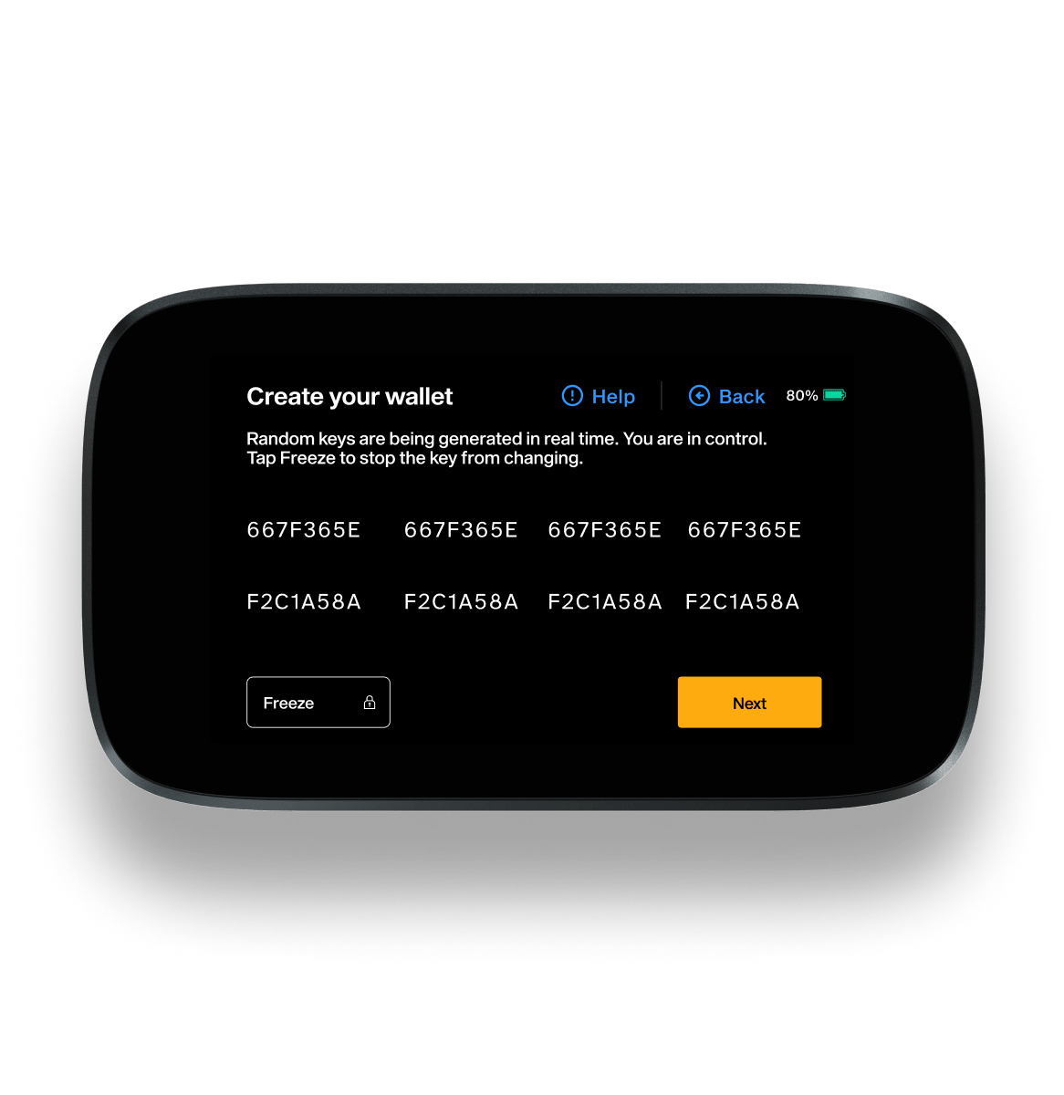 NGRAVE ZERO device screen generating wallet keys in real time, with a freeze control to stop the key from changing