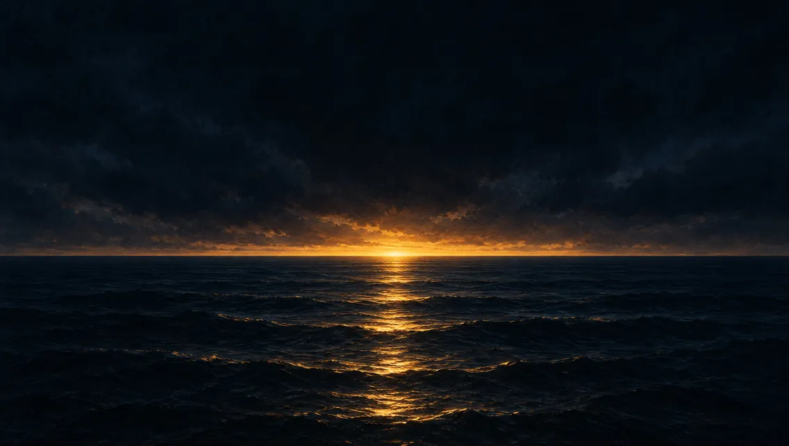 First light on the horizon over a dark sea