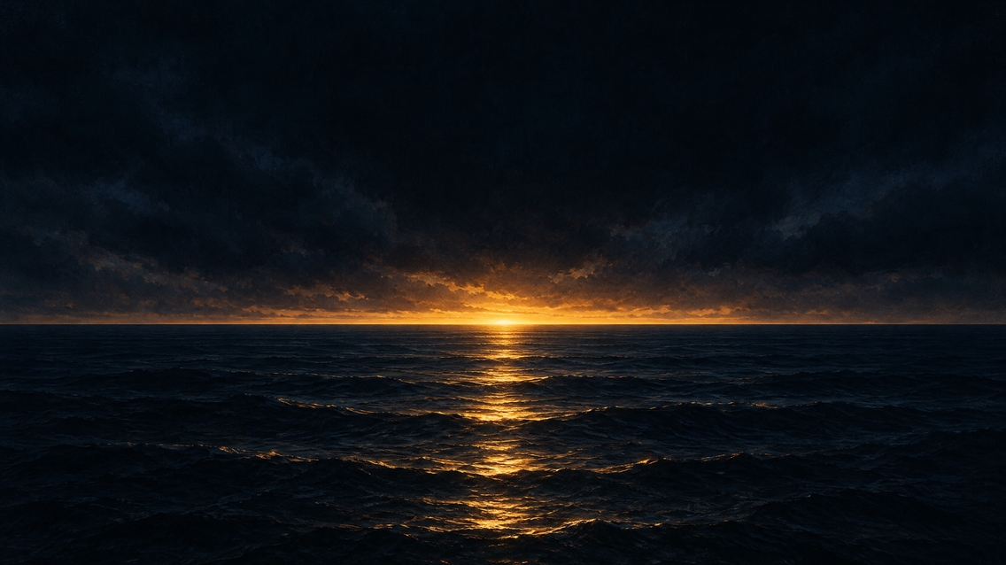 First light on the horizon over a dark sea