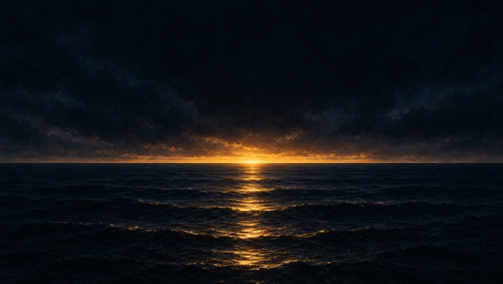 First light on the horizon over a dark sea