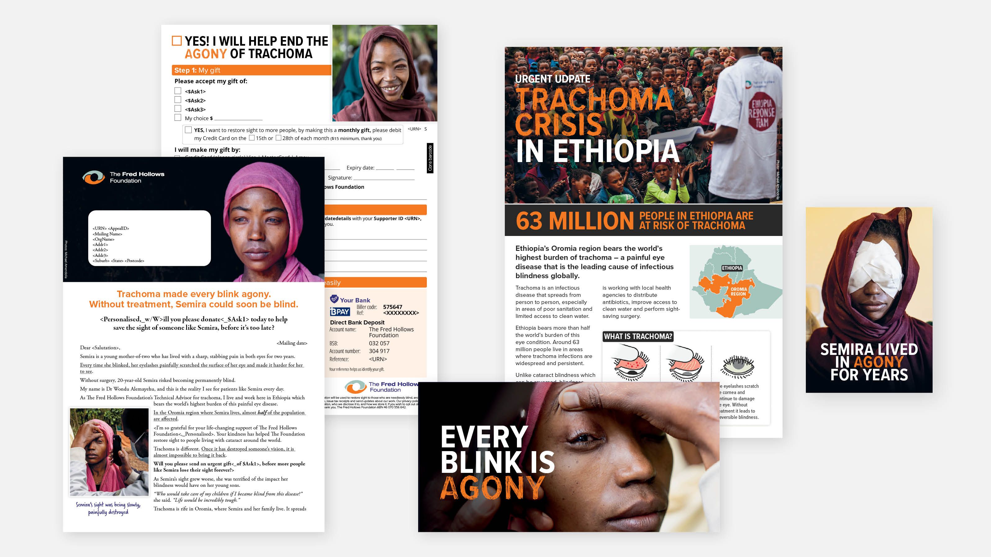 Appeal pack highlighting the trachoma crisis in Ethiopia, featuring affected individuals, statistics, and calls for support.