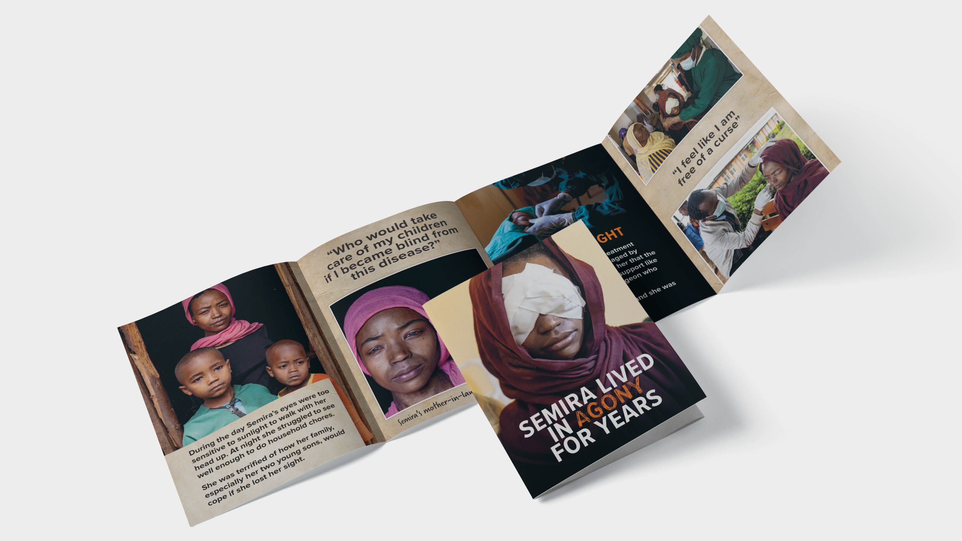 Folded brochure about trachoma with images and text about a woman named Semira, featuring portraits and a call for support.