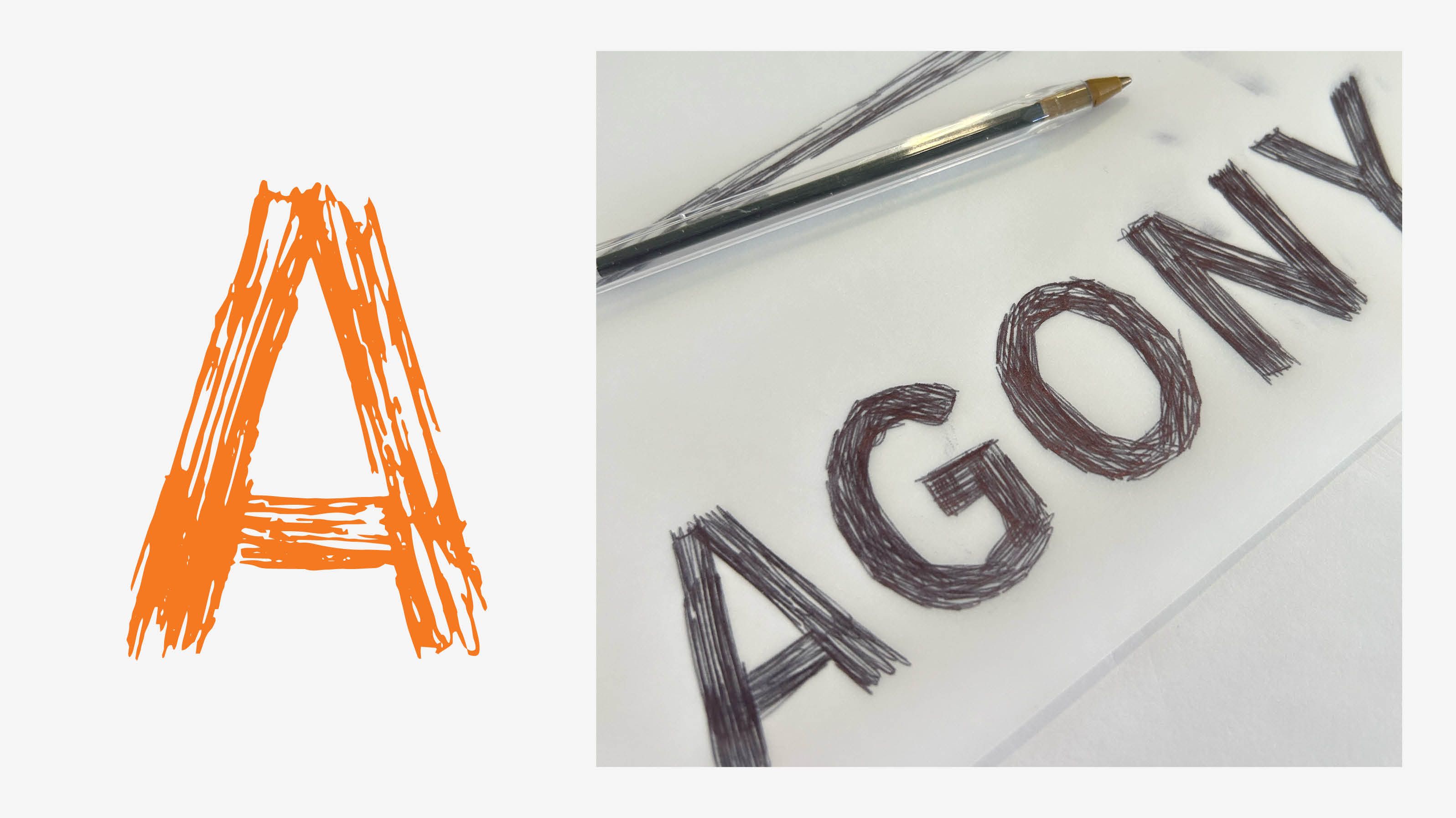 Stylized orange letter “A” beside the handwritten word “AGONY” on paper with a pen.