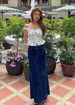 Denim Mid Waist A-line Maxi Skirt | Love, Bonito SG