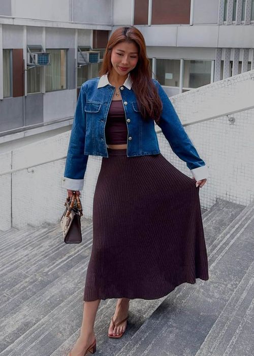 Elastic Ribbed Knit Flare Midi Skirt | Love, Bonito SG