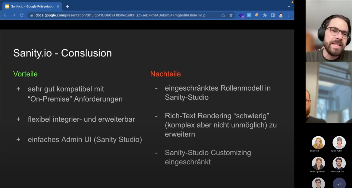 Screenshot of a Teams Meeting. Presentation slide reading "Sanity.io - Conclusion"