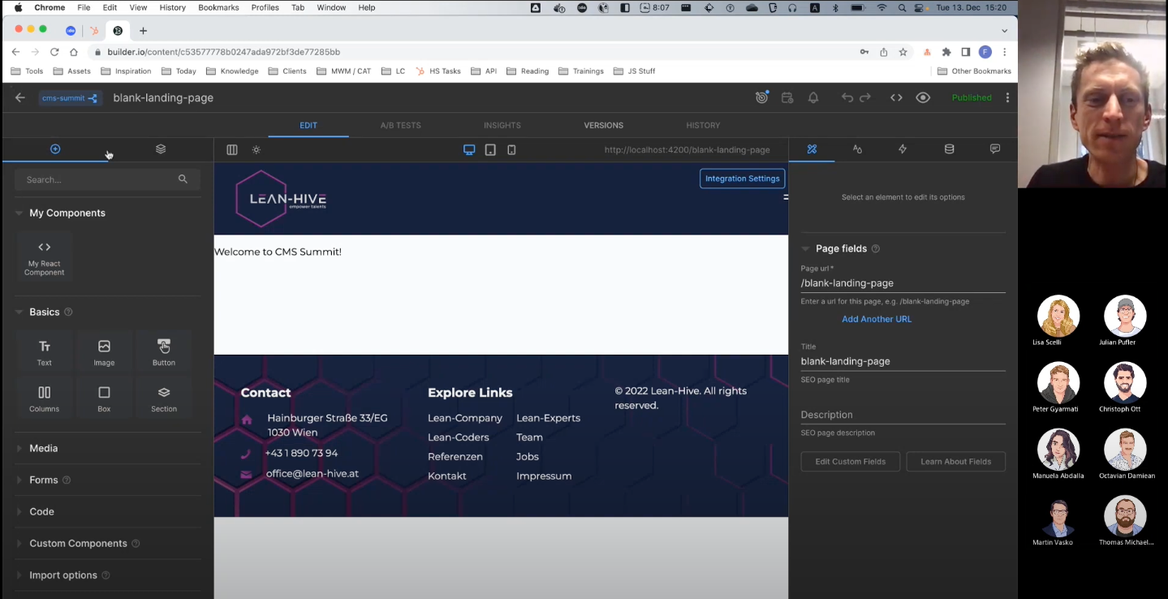 Screenshot of a Teams Meeting. Screen Sharing of a website within builder.io
