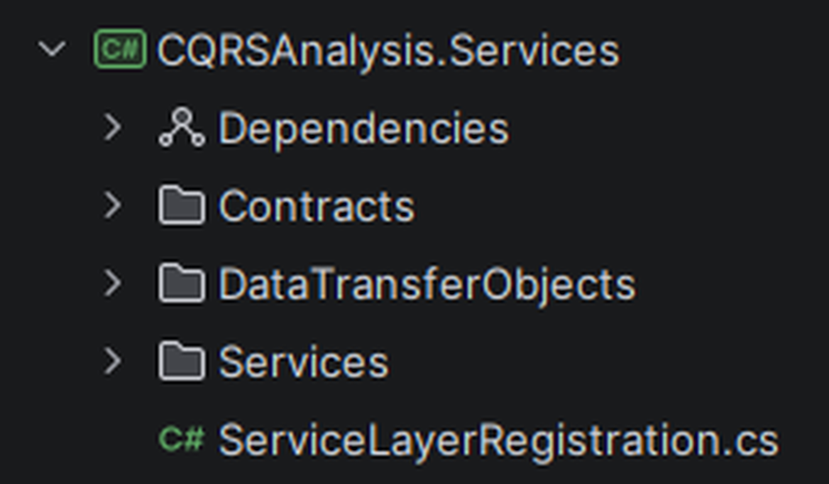 Services project structure shown in Rider