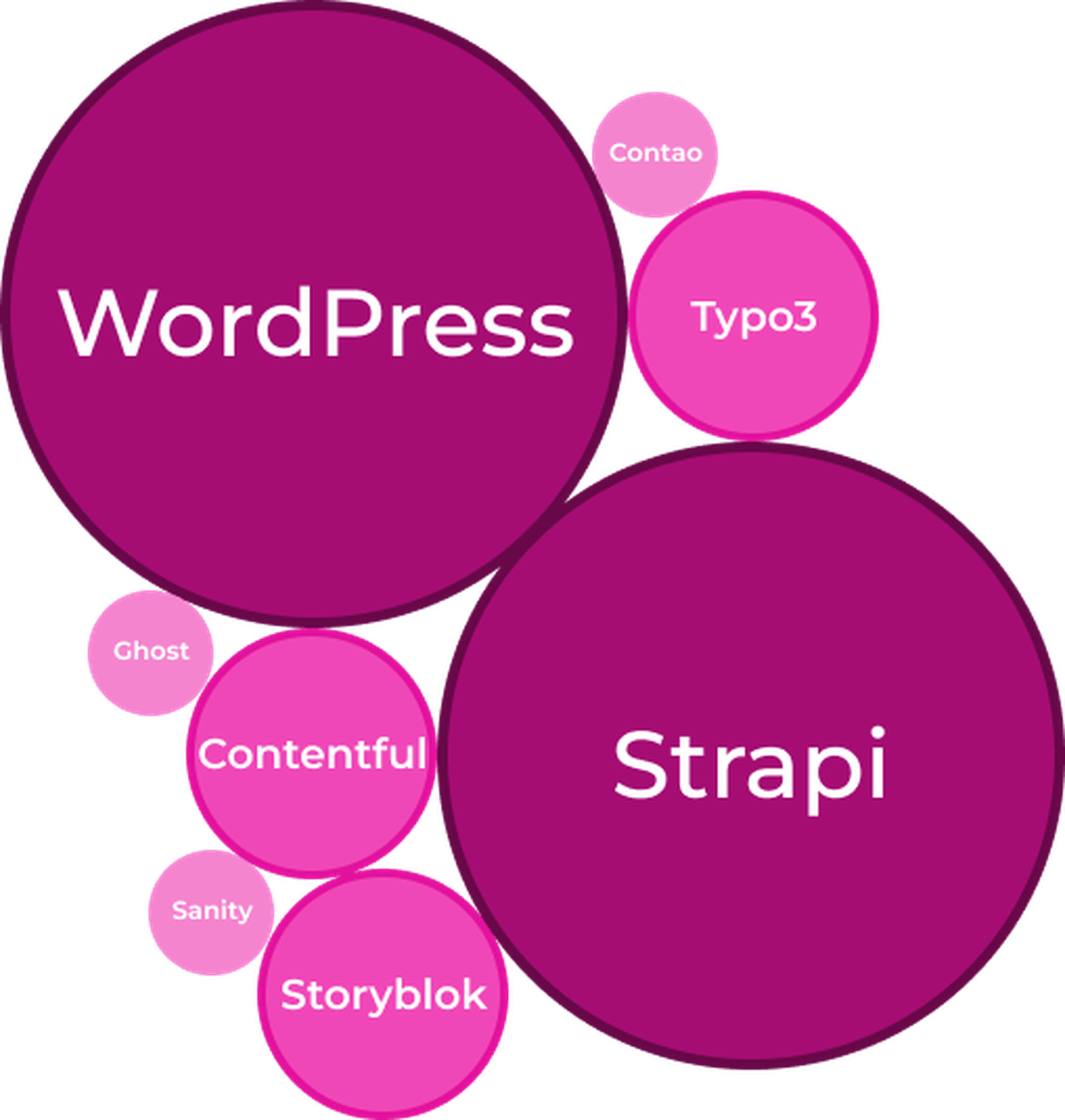 Bubbles with varying saturation levels of the same pink color. Two large ones reading WordPress and Strapi. Three medium sized reading Contentful, Storyblok and Typo3, and three small bubbles reading Ghost, Sanity and Contao.