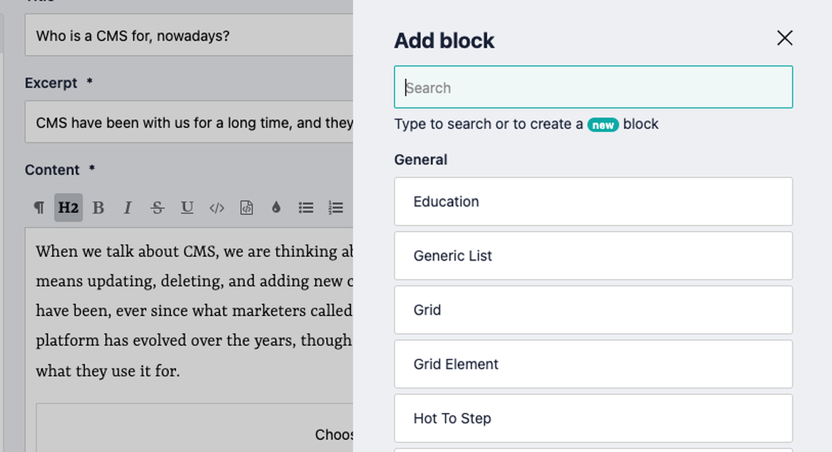 "Add block", showing a list of blocks to add to a an existing content, overlaying the editor UI of a CMS