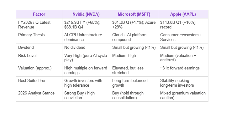 Three-Way Comparison: Nvidia vs Microsoft vs Apple for GCC Investors in 2026
