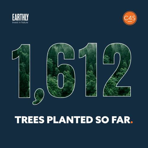 Text on blue background reads "1,612" with a forest texture inside the numbers, and "Trees planted so far." Logo for Earthly and C4S.