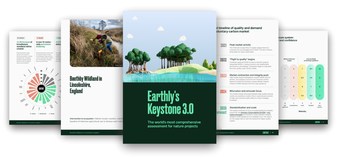 A digital brochure showcasing "Earthly's Keystone 3.0" with images, text on nature projects, and charts detailing quality and demand metrics.