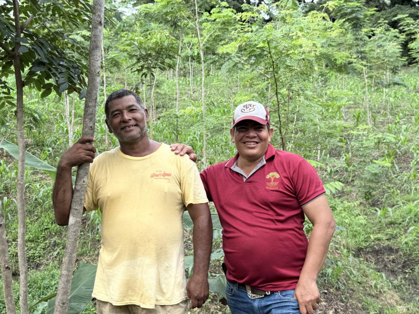 Two men smiling in a lush green forest, one in a yellow shirt, holding a tree, and the other in a red shirt and cap.