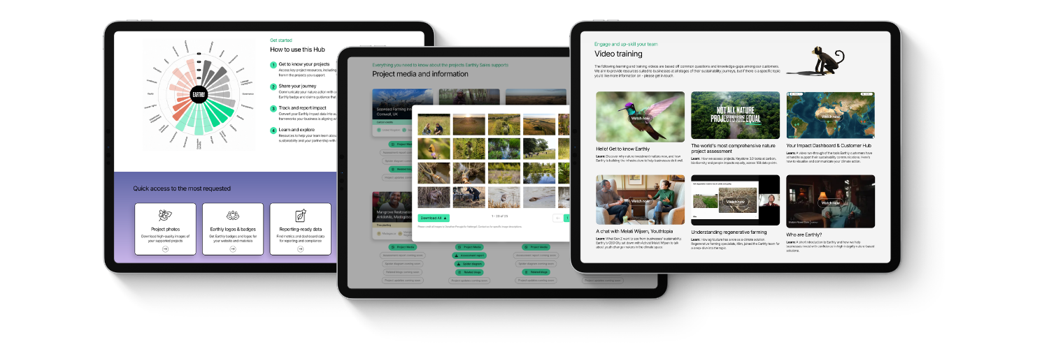 mock up of pages from the Earthly customer hub on screens