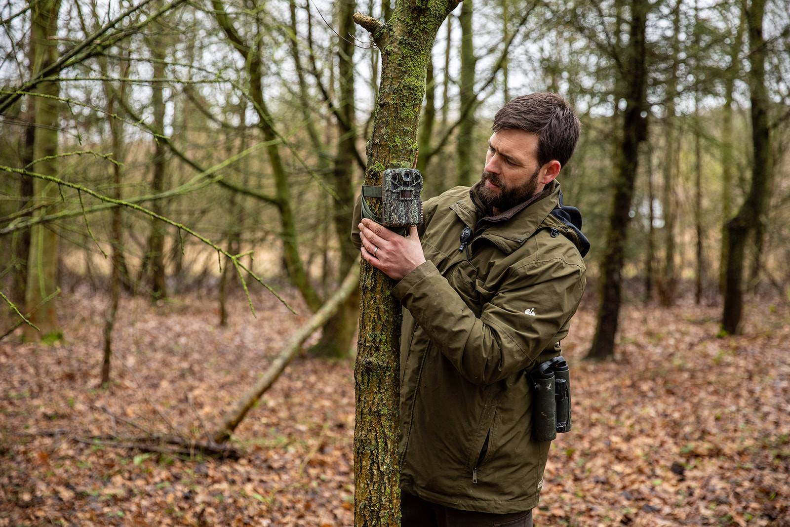 Man in a green jacket adjusts a wildlife camera on a tree in a forest, surrounded by fallen leaves and bare trees.