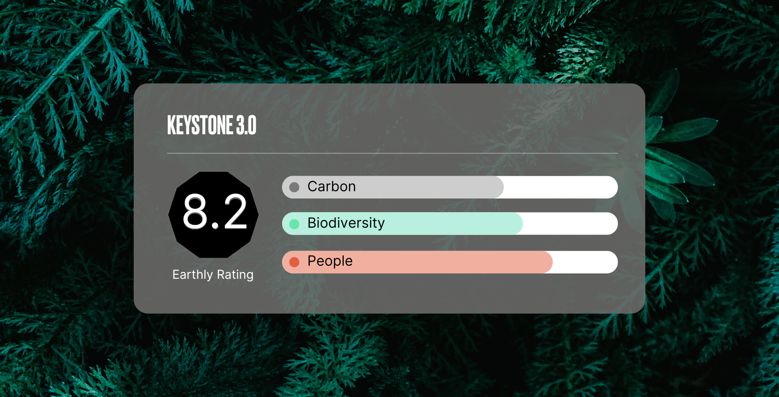 Green foliage background with a semi-transparent overlay displaying "Keystone 3.0" and an Earthly Rating of 8.2. Bars show carbon, biodiversity, and people.