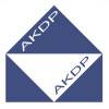 A blue geometric design with overlapping triangles displaying the letters "AKDP" in white.