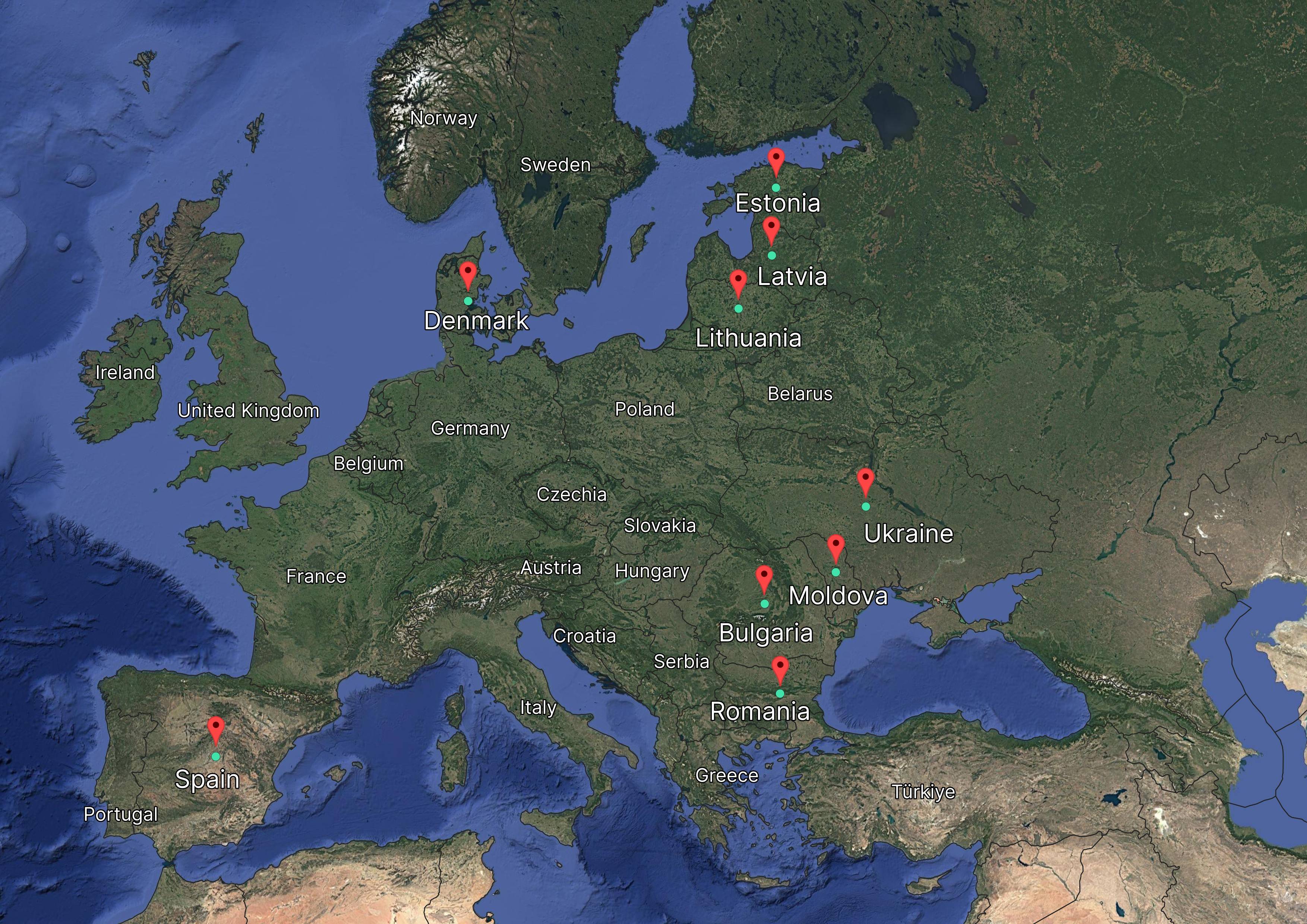Satellite map of Europe showing red pins on Spain, Denmark, Estonia, Latvia, Ukraine, Moldova, and Romania.