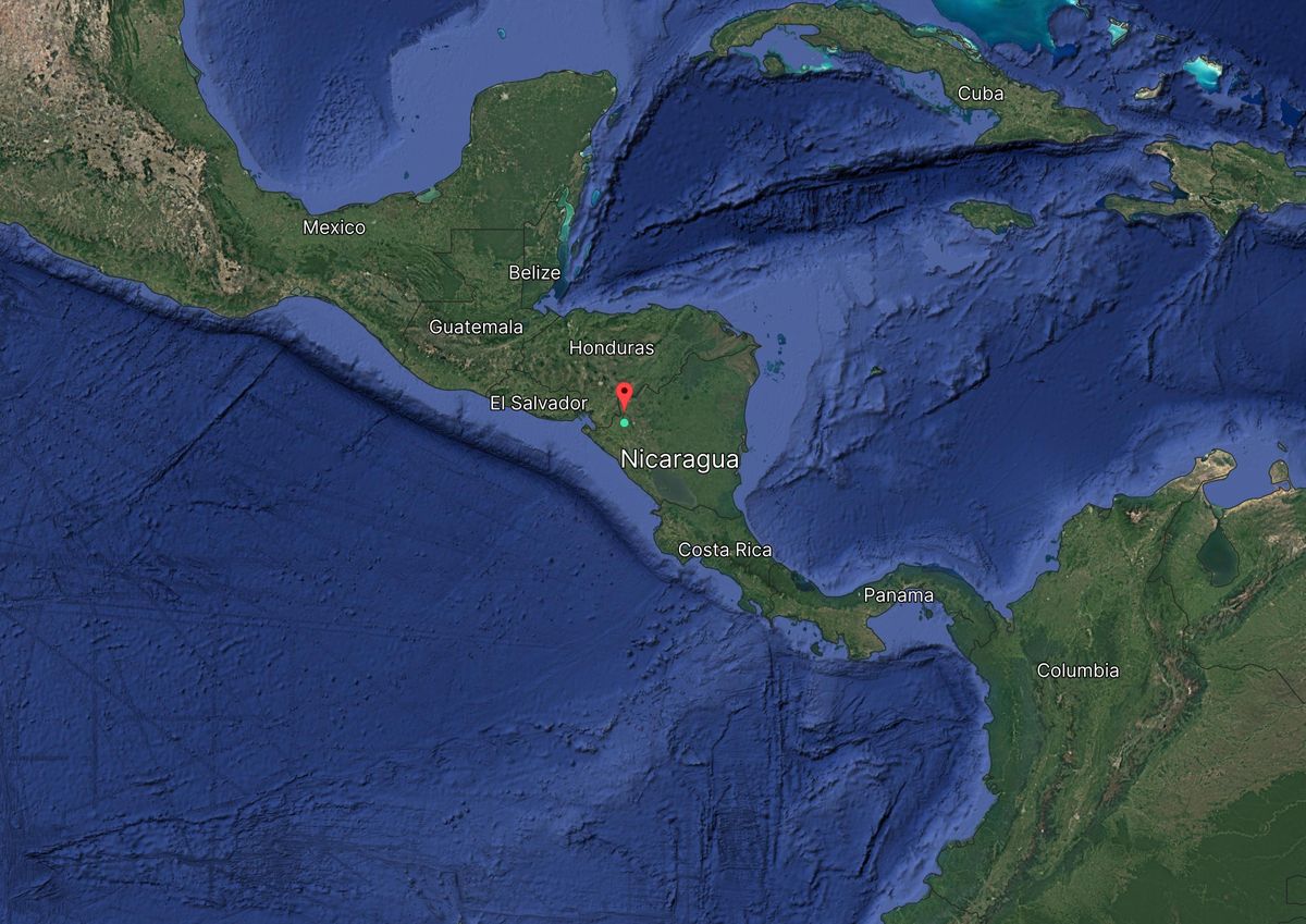 Satellite view of Central America, highlighting Nicaragua with neighboring countries like Mexico, Guatemala, and Colombia visible.