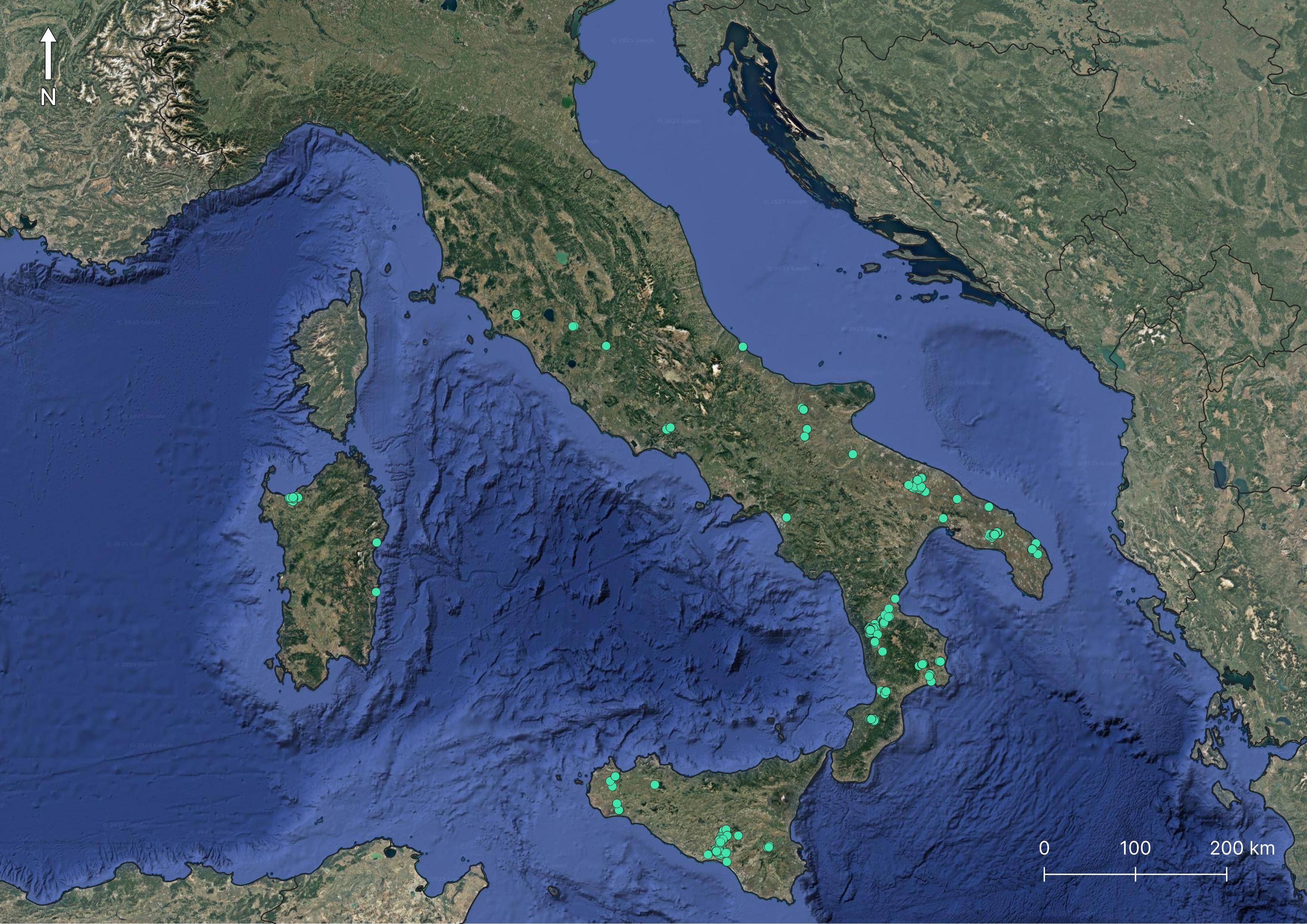A satellite map of Italy with green markers indicating various locations across the country, including Sardinia and Sicily.