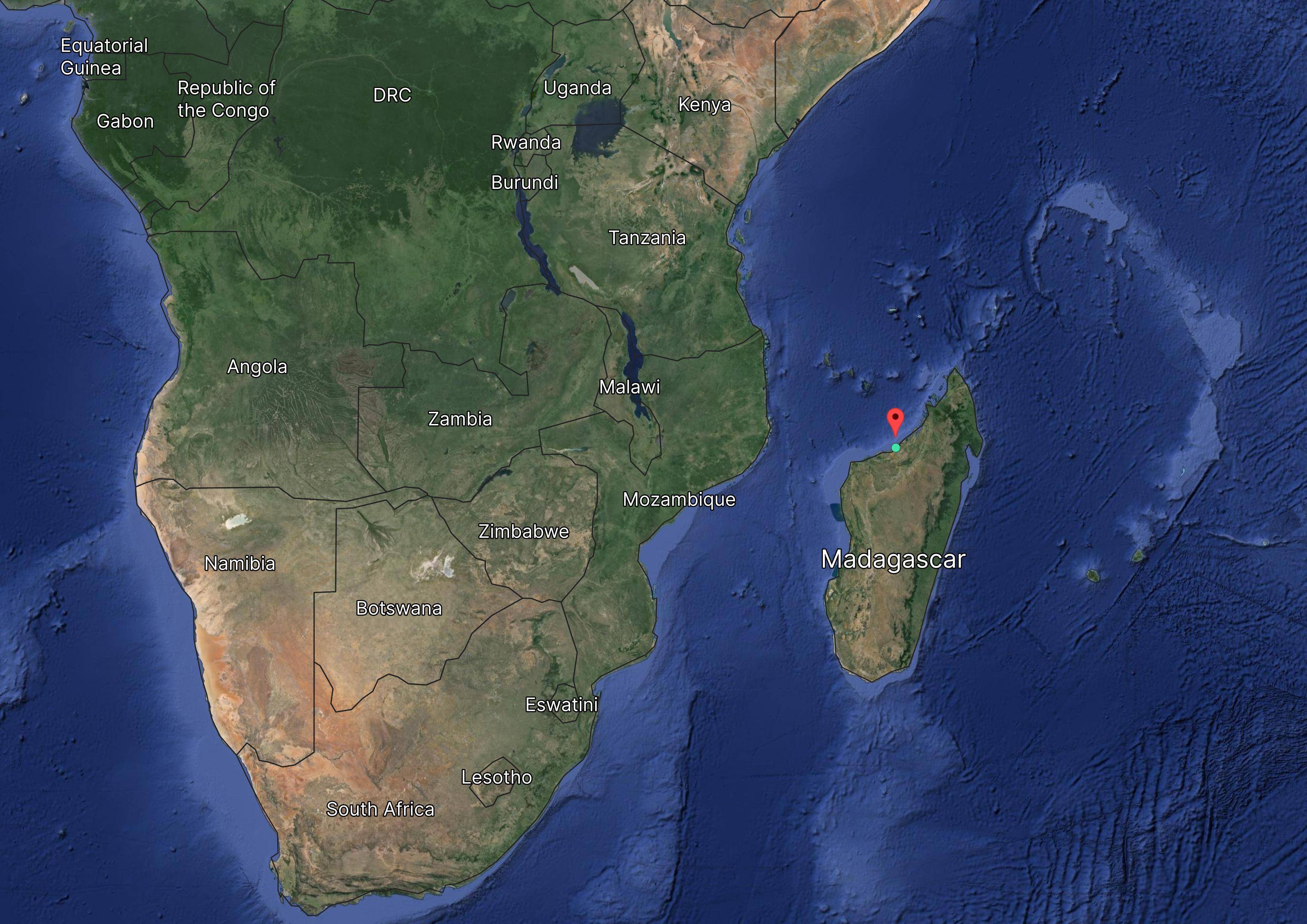 Satellite view of Southern Africa showing countries like South Africa, Tanzania, and Madagascar, highlighted with a red marker.