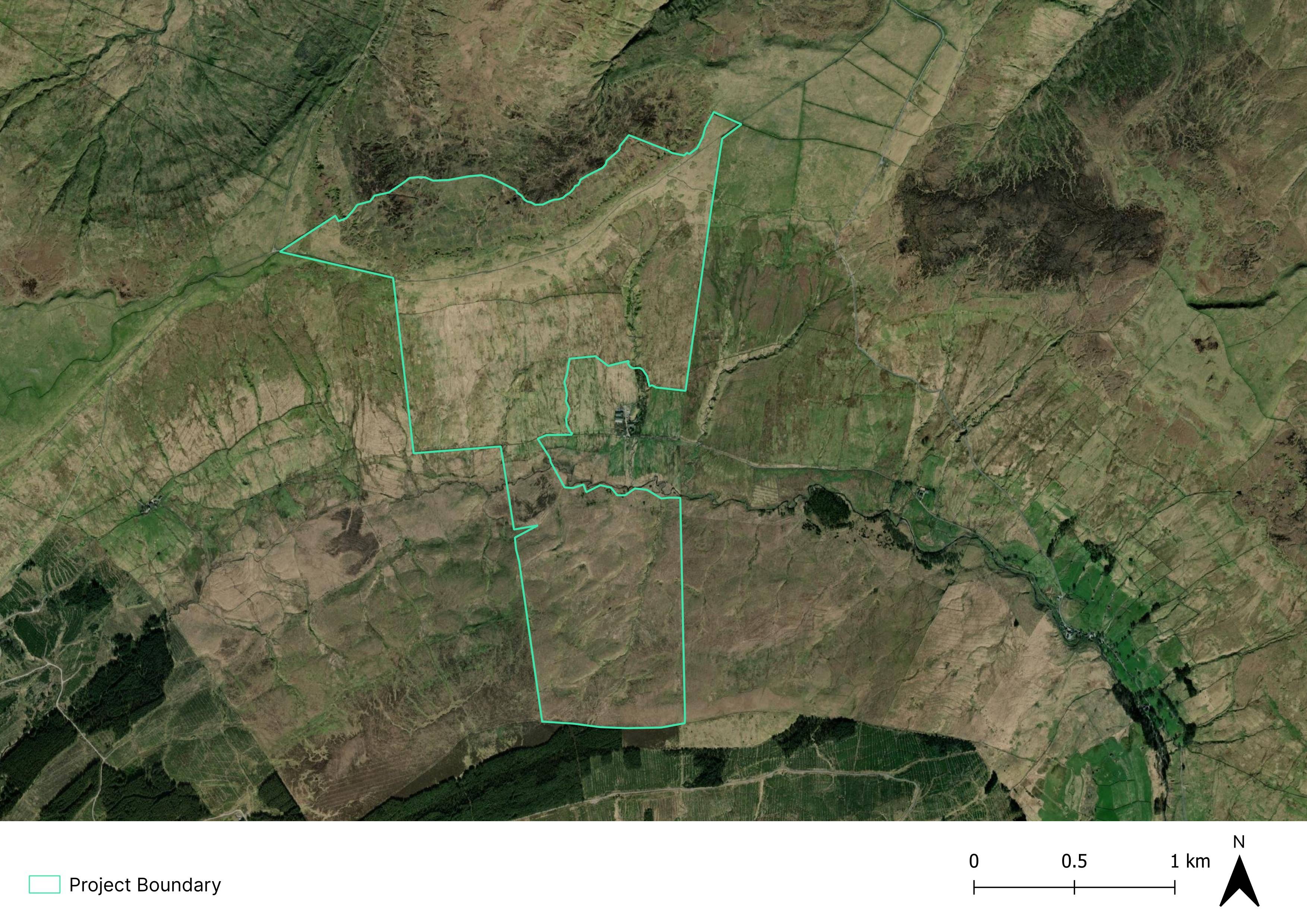 Aerial satellite view of rolling rural hills and fields with a teal polygon marking a project boundary; scale bar and north arrow at bottom.