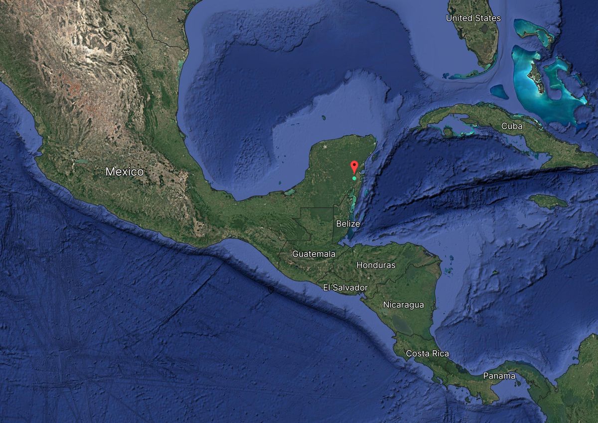 Satellite view of Central America, highlighting Mexico with a red marker. Surrounding countries include Guatemala, and Honduras.