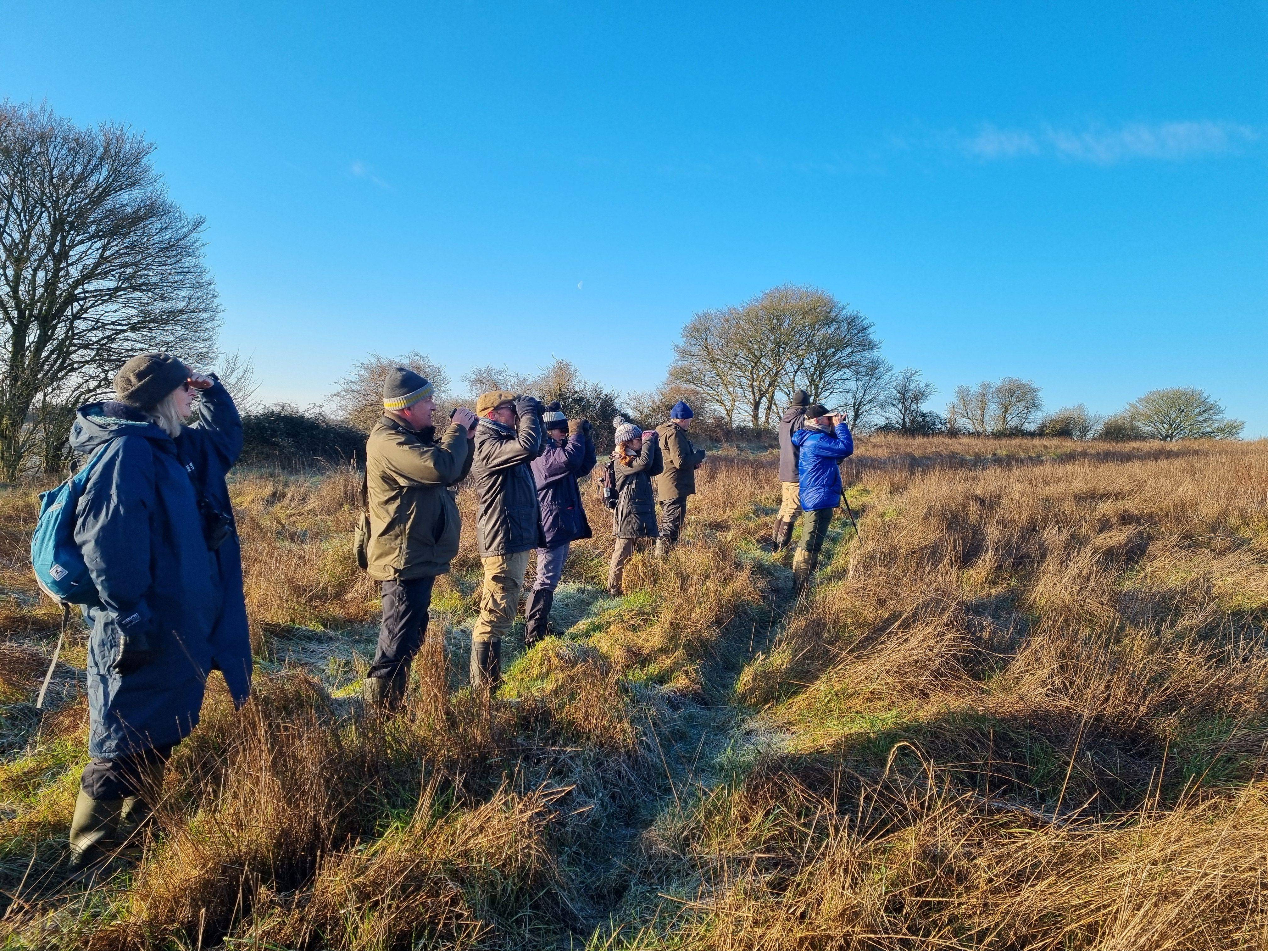 A group of people in winter clothing are birdwatching in a grassy field with trees in the background under a clear blue sky.