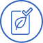 Blue icon with a leaf and checkmark inside a rectangle, surrounded by a circle, symbolizing eco-friendly certification.