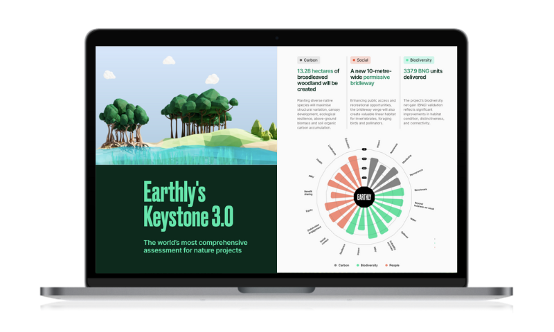 Laptop displaying a nature project titled "Earthly's Keystone 3.0" with environmental data and colorful charts on the screen.