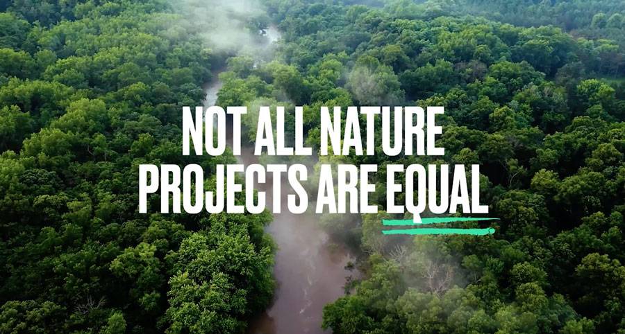 Keystone 3.0 - Aerial view of a dense forest with a river, overlaid with the text: "Not all nature projects are equal."