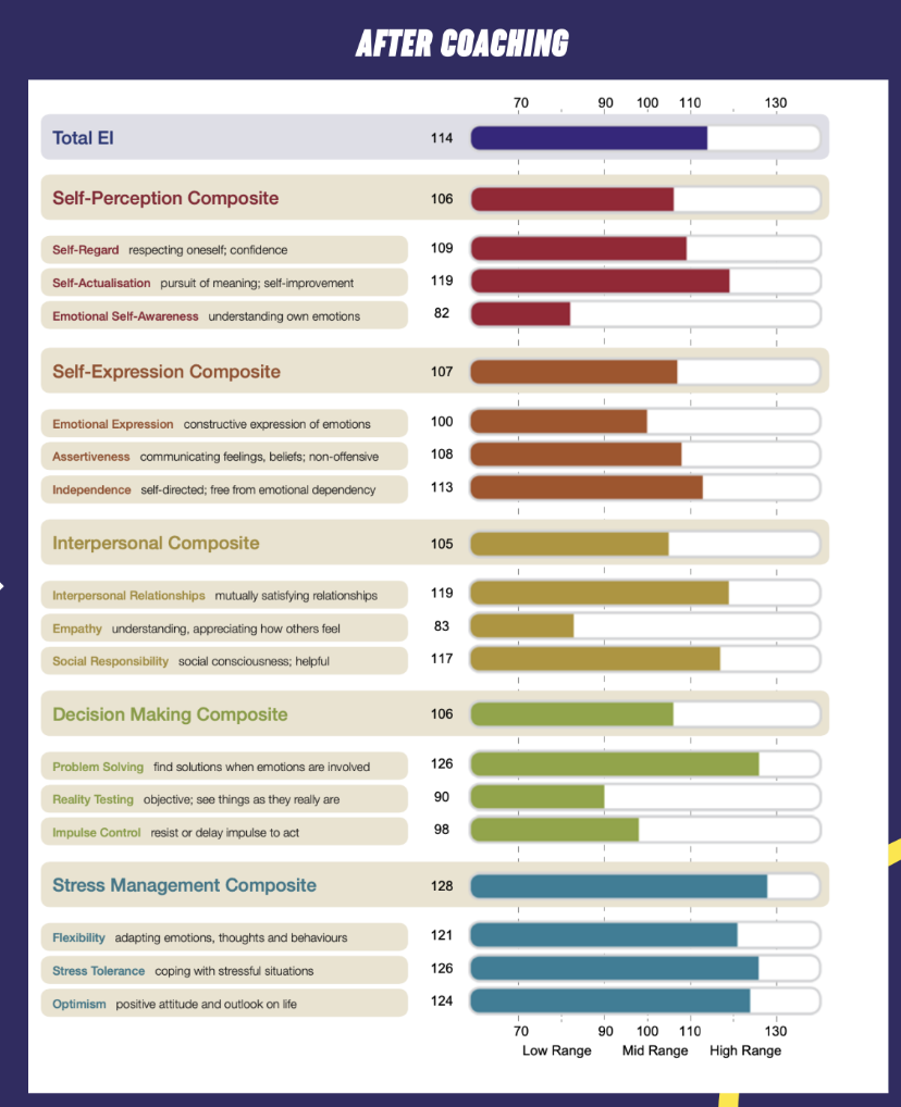 Chart titled "After Coaching" showing various emotional intelligence composites with scores in different categories like self-perception, self-expression, and stress management.