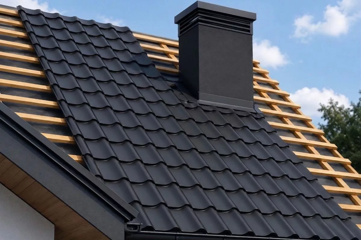 A roof with dark wavy tiles and a black chimney in clear weather, partially showing wooden battens for tile installation.