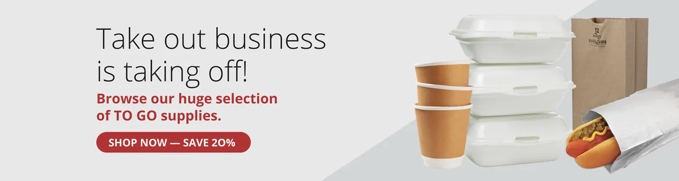 Advertisement banner for take-out supplies with containers, cups, and a hot dog; offers 20% discount on purchases.