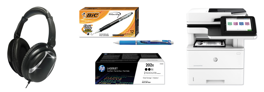 Headphones, pens, printer supplies