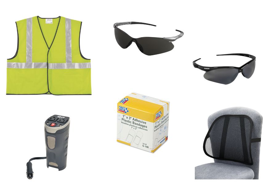 Safety Vest, First Aid, Sunglasses, Portable charger