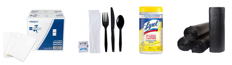 Napkins, Cutlery, Cleaning supplies, Trash Bags