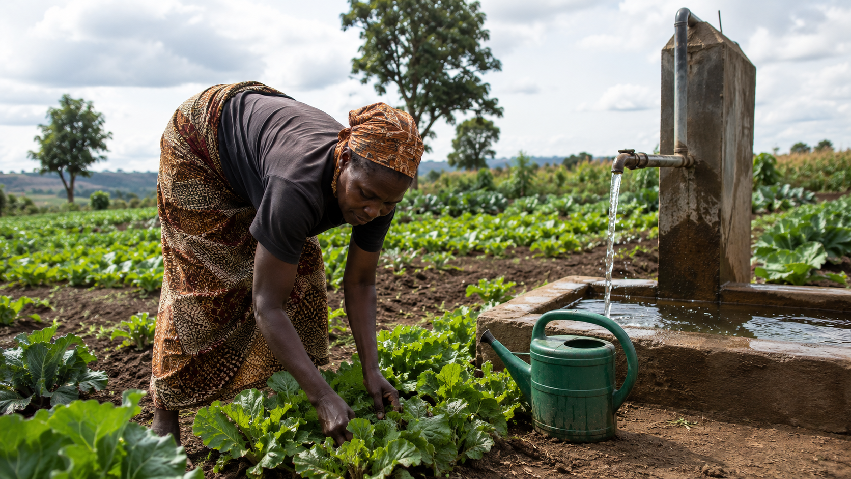 Smallholder farmer working in a green field beside a functioning water source supporting safe water and food production.