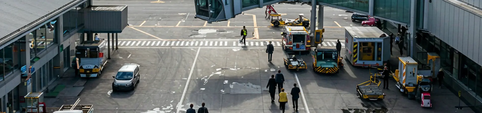 People walking on an airport tarmac toward a terminal, with a parked airplane and cloudy sky in the background.