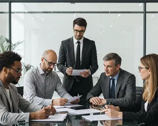 Five professionals in a meeting room, seated around a glass table, discussing documents. One person stands, holding papers. Modern office setting.
