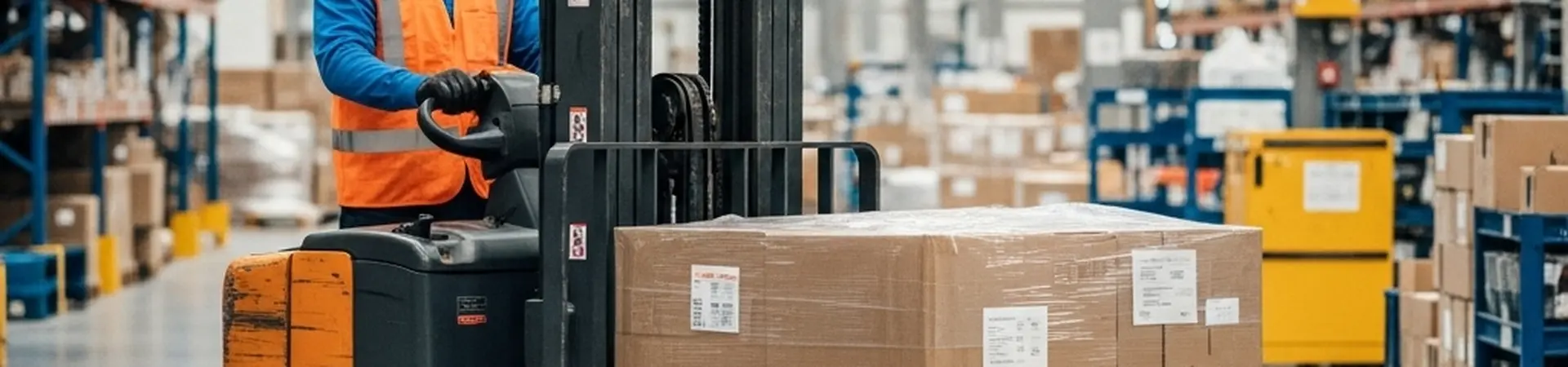 Een man die door een magazijn heen rijd op een vorkheftruck